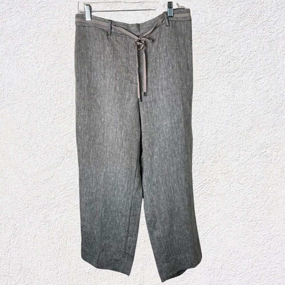 Chico M Linen Black/Gray Pants Pull On Back Elastic Front Ribbon Ties Pockets‎